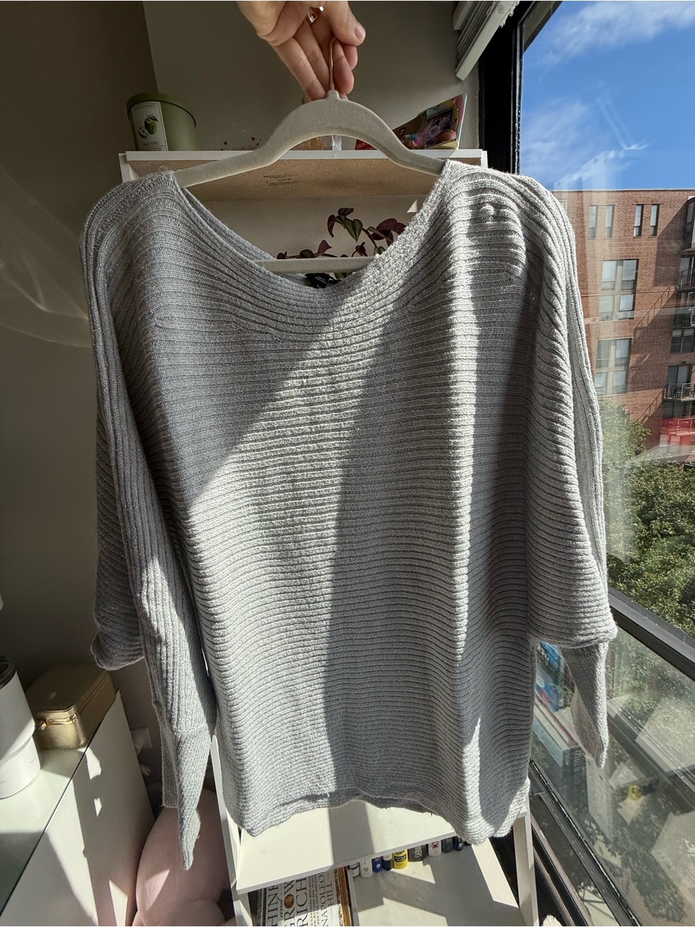 Express Light Gray Ribbed Boatneck Sweater